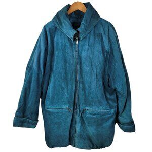 Vintage Suede Leather Puffer Coat size Medium Jacket Teal Green Winter Warm